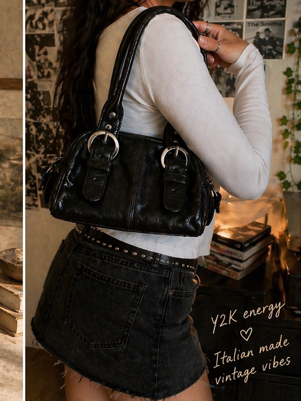 Vintage Italian Black Leather Mini Satchel | Y2K Shoulder Bag | Multi Zip